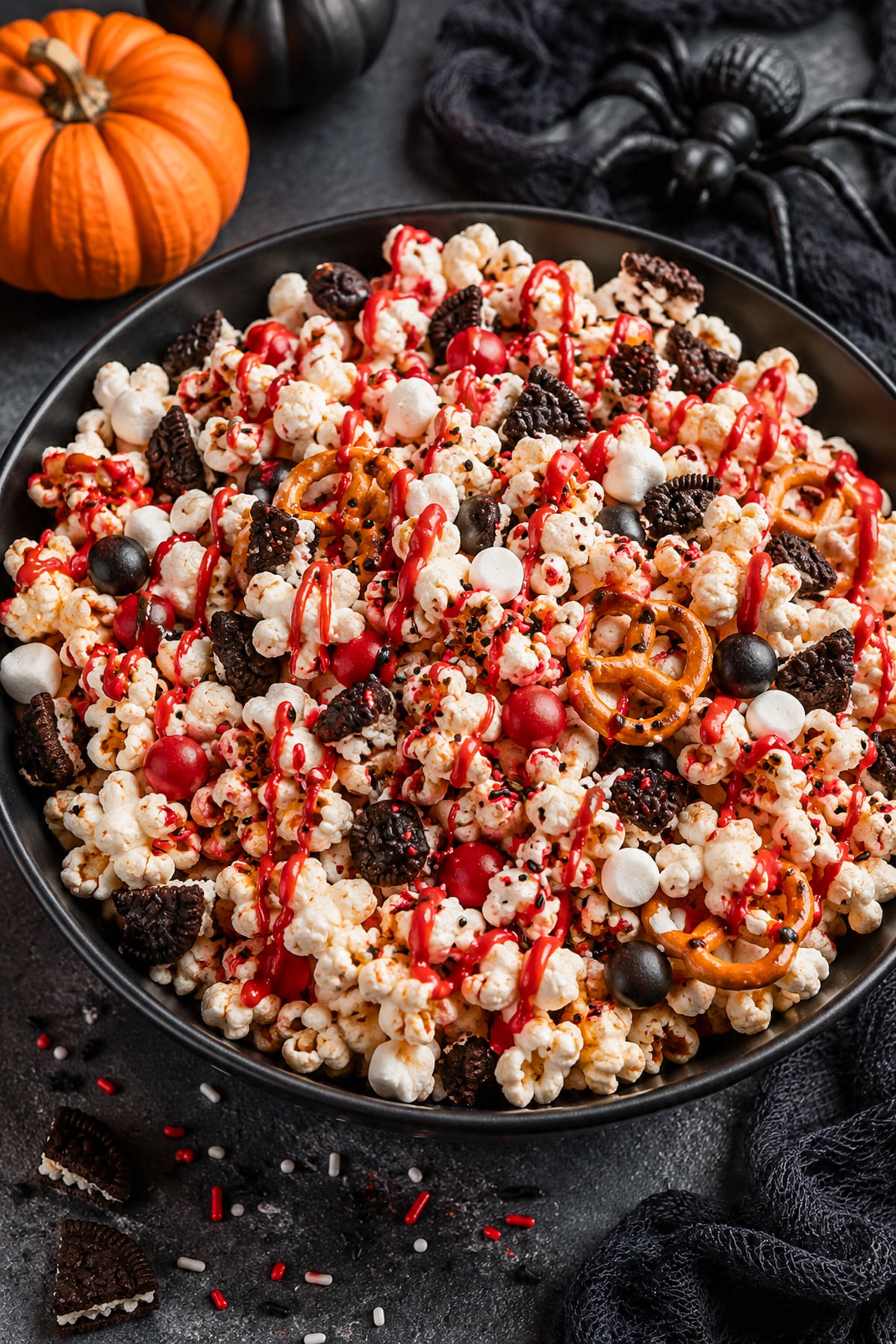 vampire red and black halloween popcorn mix for a party