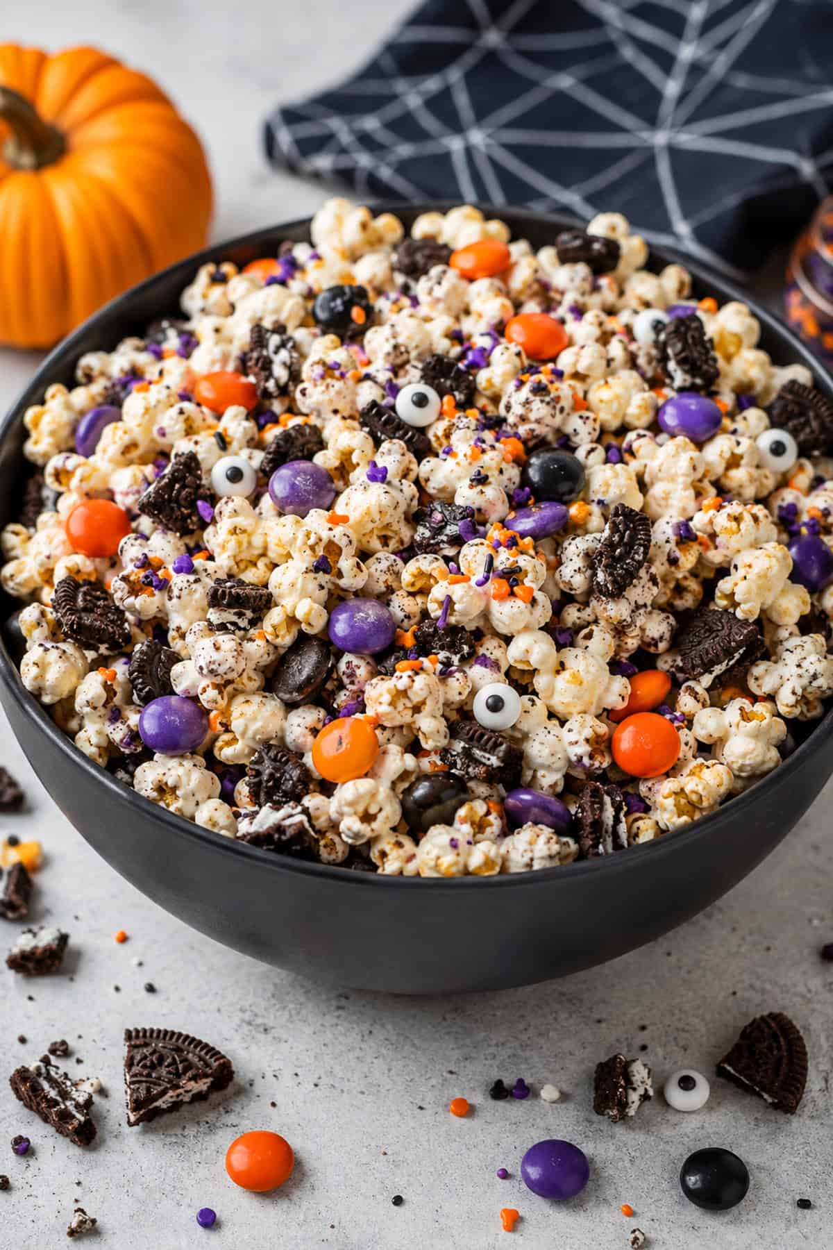 halloween popcorn mic with purple orange and black candies