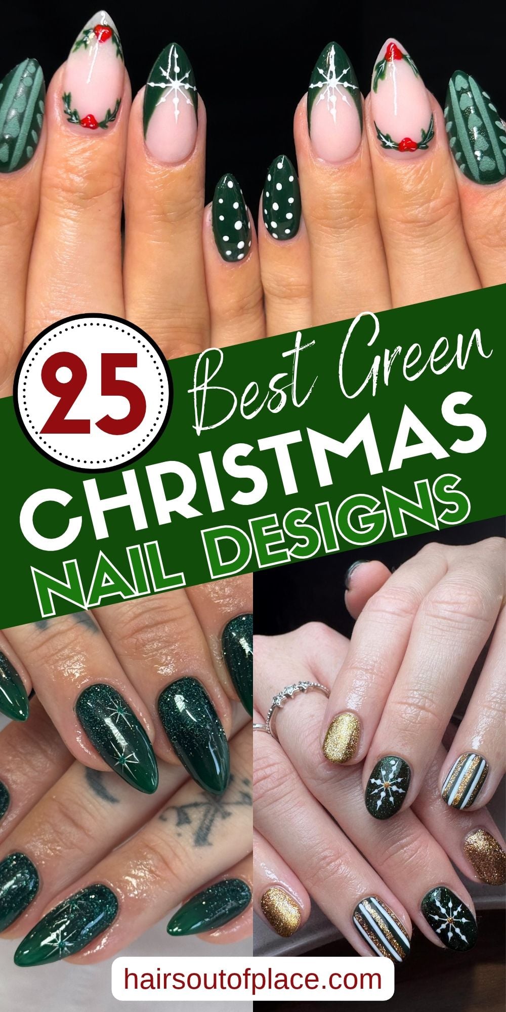 Green Christmas nail designs featuring snowflakes, holly berries, and gold glitter accents.