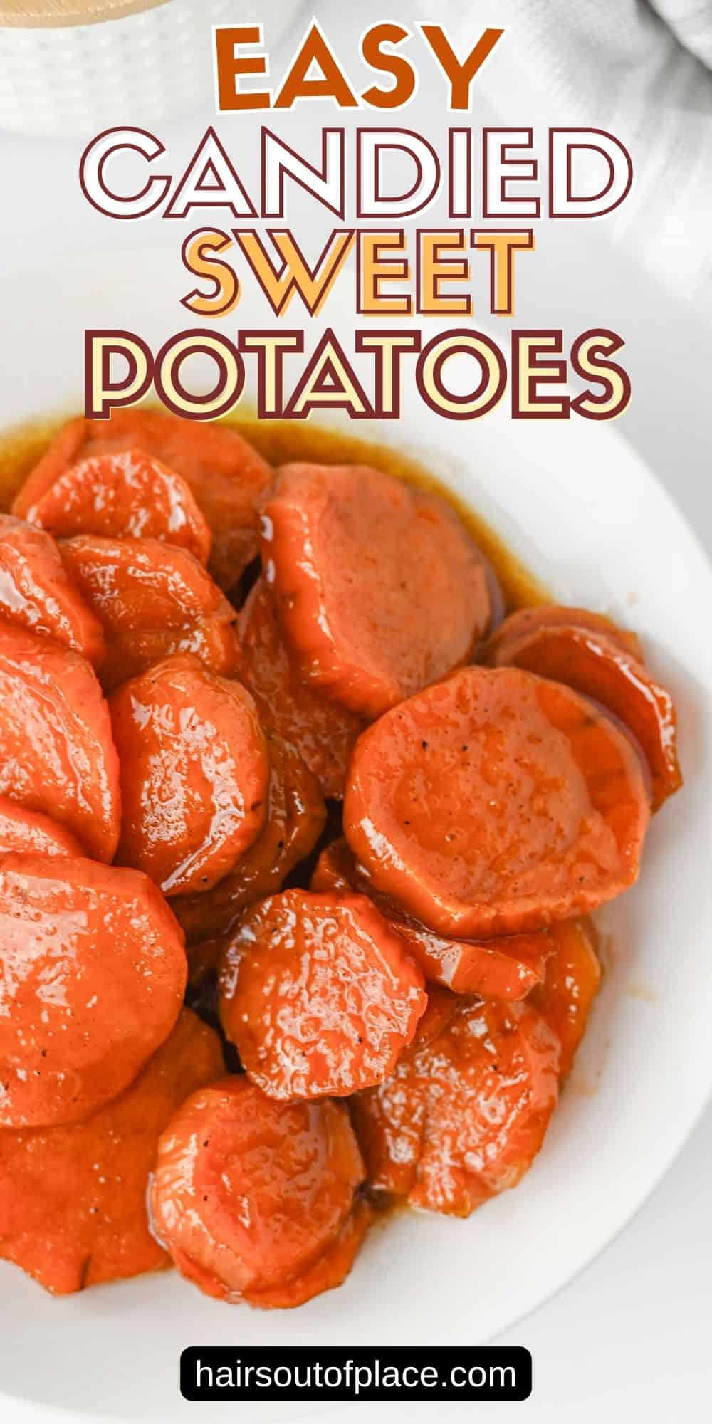 Glazed candied sweet potato slices in a white bowl
