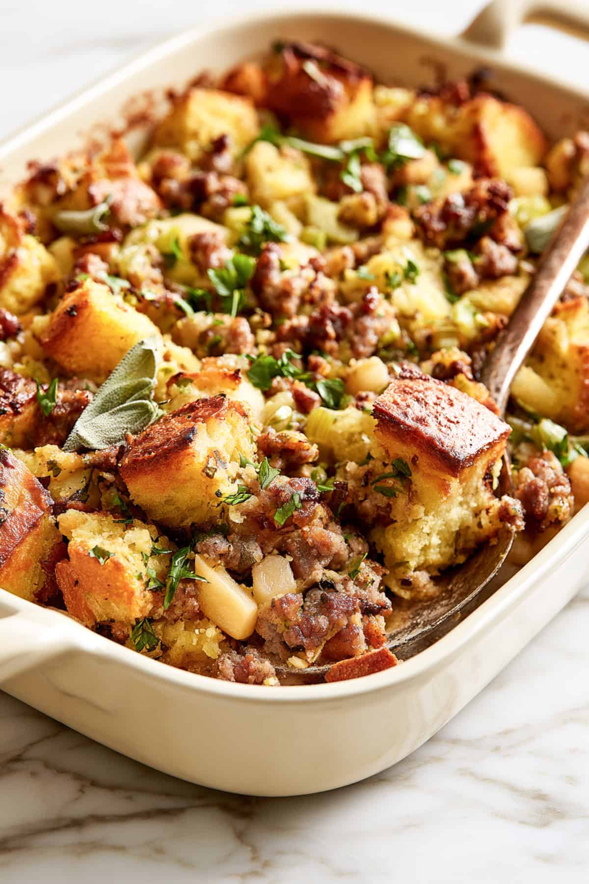 easy homemade stuffing recipe in a cream baking pan