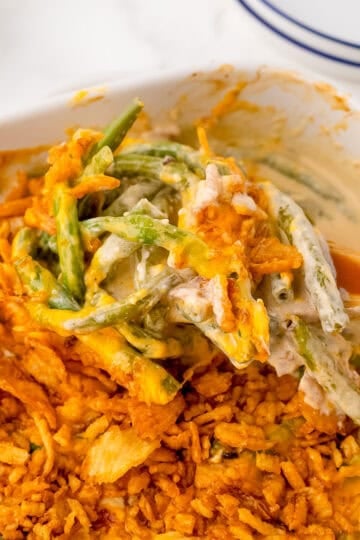 easy green bean casserole with a spoonful