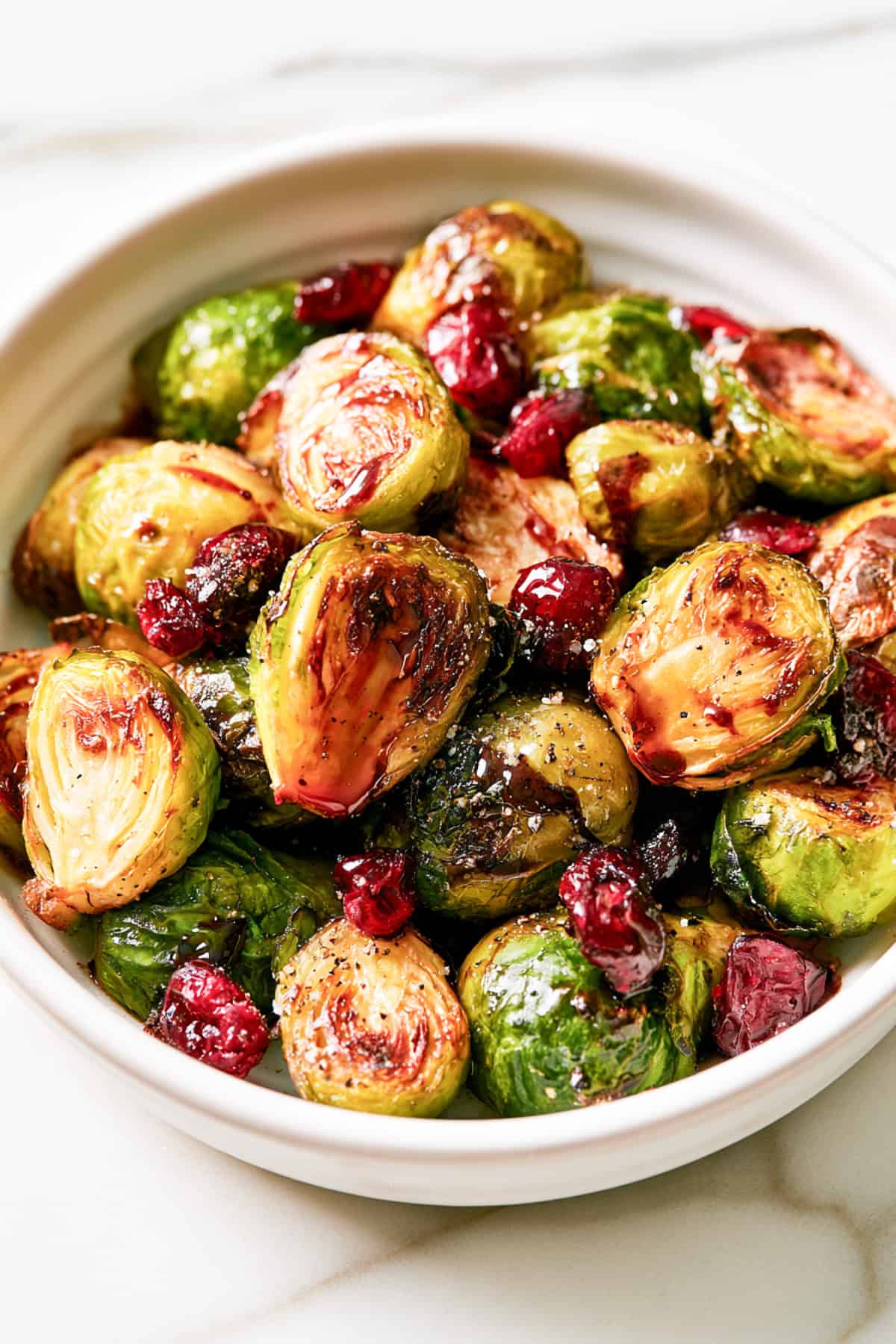 roasted brussel sprouts with balsamic glaze and dried cranberries